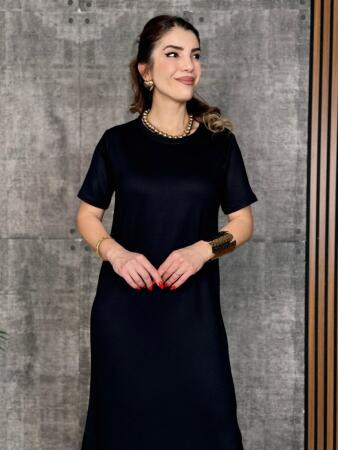 Kadın Kısa Kollu Bisiklet Yaka Yırtmaçlı Viskon Iki Iplik Elbise - 2