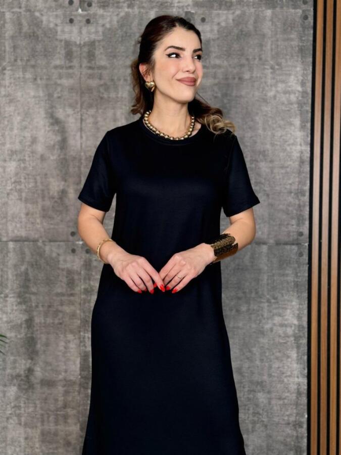 Kadın Kısa Kollu Bisiklet Yaka Yırtmaçlı Viskon Iki Iplik Elbise - 2