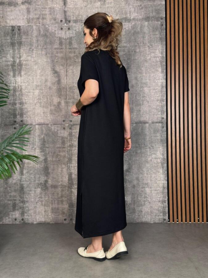 Kadın Kısa Kollu Bisiklet Yaka Yırtmaçlı Viskon Iki Iplik Elbise - 3