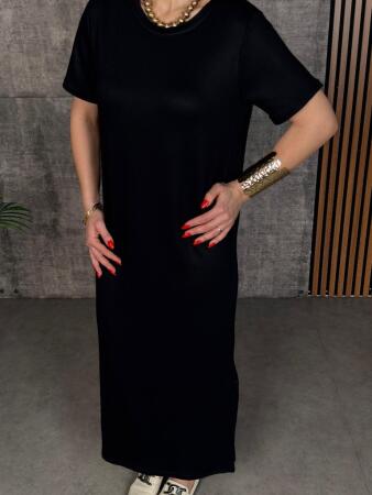 Kadın Kısa Kollu Bisiklet Yaka Yırtmaçlı Viskon Iki Iplik Elbise - 4