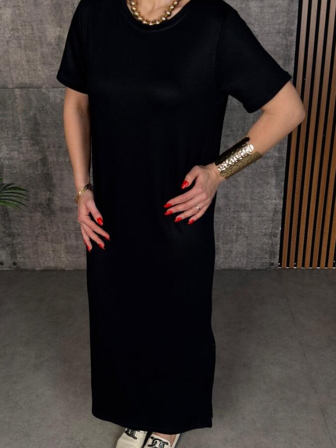 Kadın Kısa Kollu Bisiklet Yaka Yırtmaçlı Viskon Iki Iplik Elbise - 4