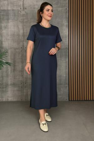 Kadın Kısa Kollu Bisiklet Yaka Yırtmaçlı Viskon Iki Iplik Elbise - 2