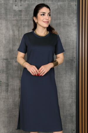 Kadın Kısa Kollu Bisiklet Yaka Yırtmaçlı Viskon Iki Iplik Elbise - 3