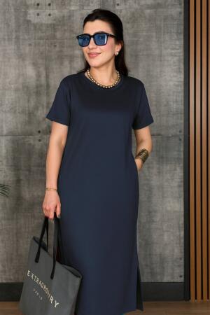 Kadın Kısa Kollu Bisiklet Yaka Yırtmaçlı Viskon Iki Iplik Elbise - 4