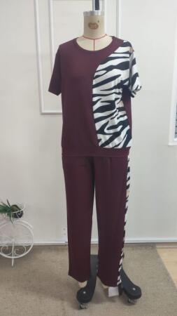 Kadın Kısa Kollu Bisiklet Yaka Zebra Desen Bluz Ve Pantolon Ikili Takım - 4