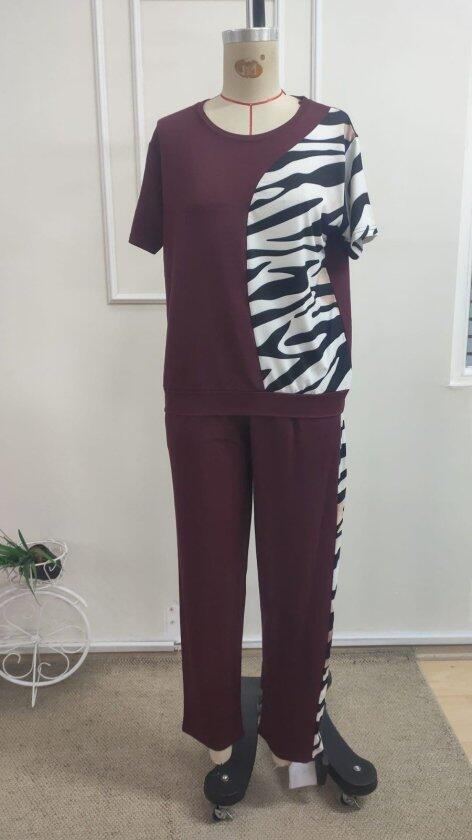 Kadın Kısa Kollu Bisiklet Yaka Zebra Desen Bluz Ve Pantolon Ikili Takım - 4