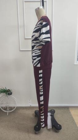 Kadın Kısa Kollu Bisiklet Yaka Zebra Desen Bluz Ve Pantolon Ikili Takım - 5