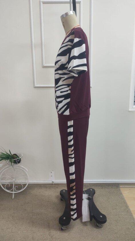 Kadın Kısa Kollu Bisiklet Yaka Zebra Desen Bluz Ve Pantolon Ikili Takım - 5