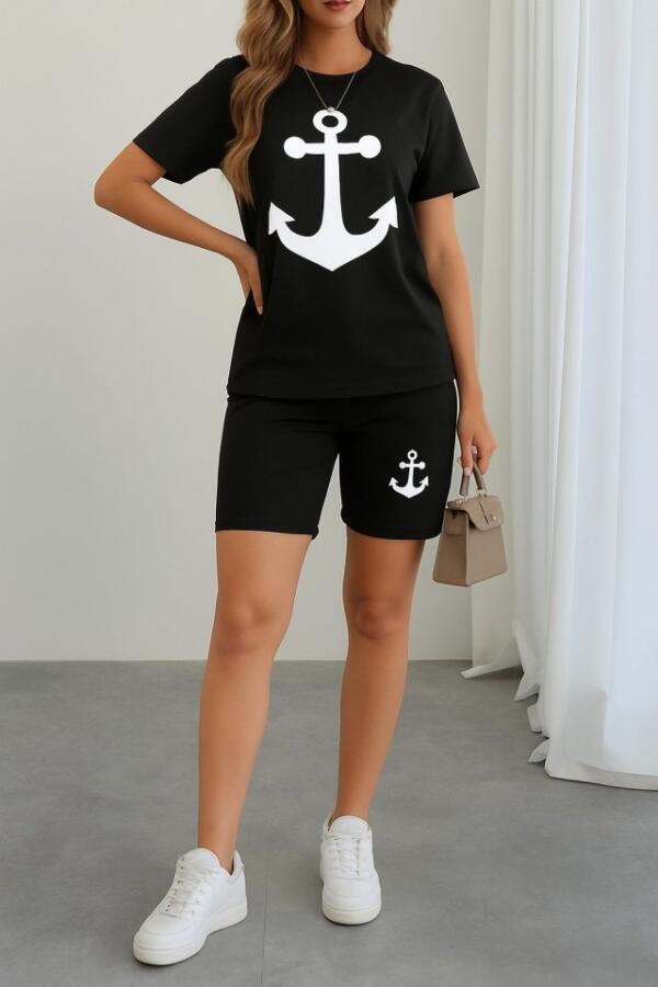 Kadın Kısa Kollu çapa Baskılı Viskon Ikili Takım - 1