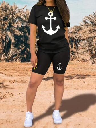 Kadın Kısa Kollu çapa Baskılı Viskon Ikili Takım - ANGELINO BuyukBedeniz