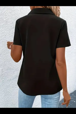 Kadın Kısa Kollu Ceket Yaka önü Fermuarlı Cep Detay Kısa Kol Ithal Krep Bluz - 3