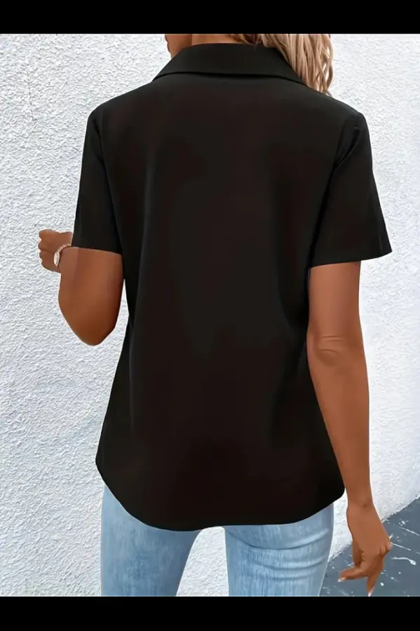 Kadın Kısa Kollu Ceket Yaka önü Fermuarlı Cep Detay Kısa Kol Ithal Krep Bluz - 3