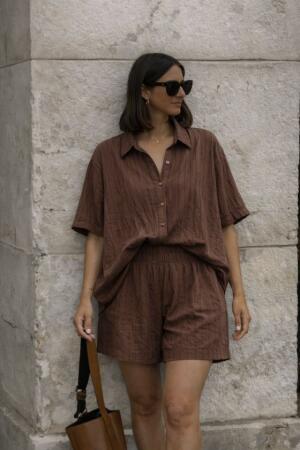 Kadın Kısa Kollu çizgili Modal Kumaş Gömlek Ve Yüksek Bel Lastik Detay şort Ikili Takım - ANGELINO BuyukBedeniz (1)