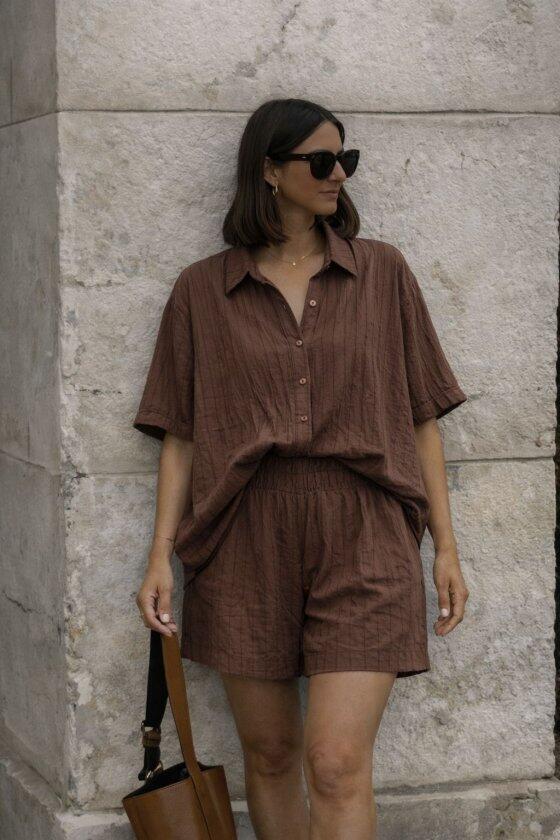 Kadın Kısa Kollu çizgili Modal Kumaş Gömlek Ve Yüksek Bel Lastik Detay şort Ikili Takım - 2