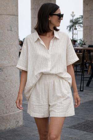 Kadın Kısa Kollu çizgili Modal Kumaş Gömlek Ve Yüksek Bel Lastik Detay şort Ikili Takım - ANGELINO BuyukBedeniz