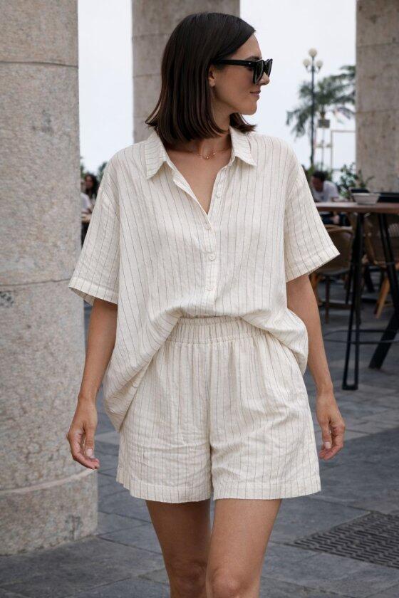 Kadın Kısa Kollu çizgili Modal Kumaş Gömlek Ve Yüksek Bel Lastik Detay şort Ikili Takım - 1