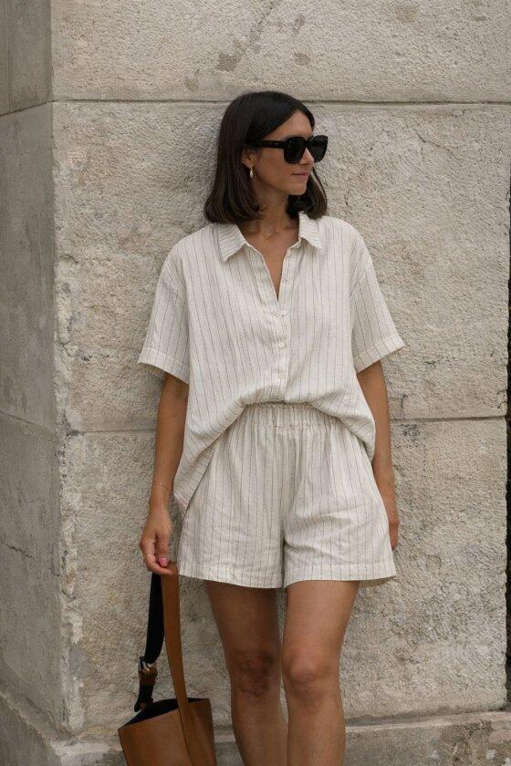 Kadın Kısa Kollu çizgili Modal Kumaş Gömlek Ve Yüksek Bel Lastik Detay şort Ikili Takım - 2