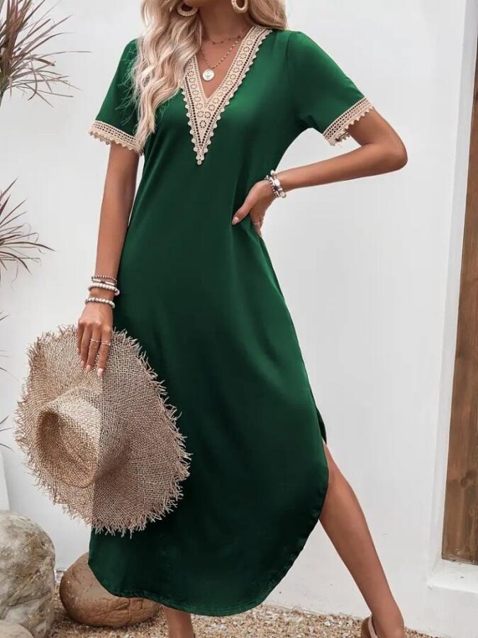 Kadın Kısa Kollu Dantel V Yakalı Uzun Viskon Elbise - 1
