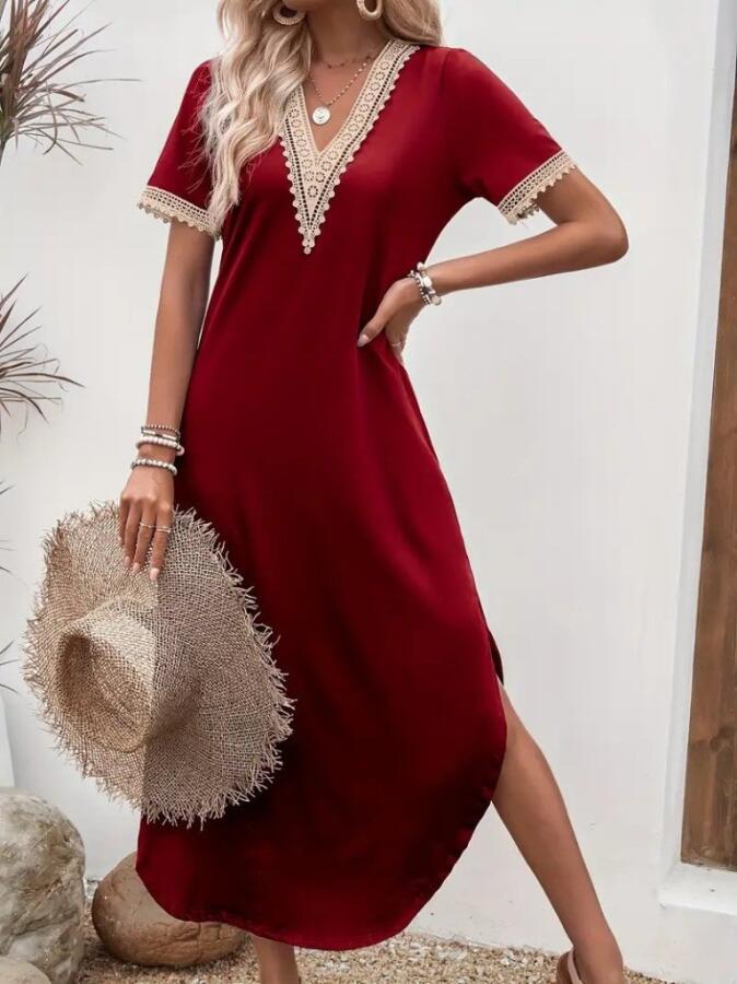 Kadın Kısa Kollu Dantel V Yakalı Uzun Viskon Elbise - 1