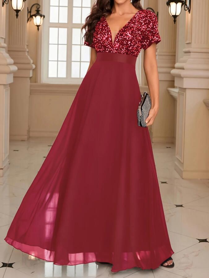 Kadın Kısa Kollu Derin V Yakalı A Kesim Pulpayet Detaylı şifon Nedime Elbisesi - 2