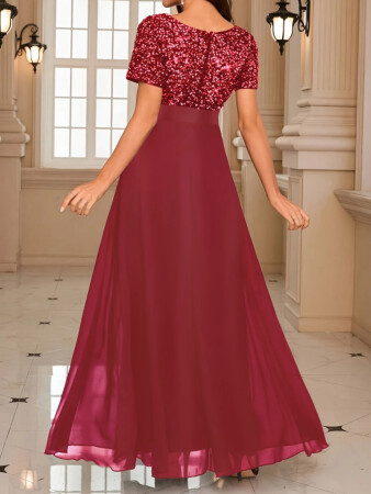 Kadın Kısa Kollu Derin V Yakalı A Kesim Pulpayet Detaylı şifon Nedime Elbisesi - 3