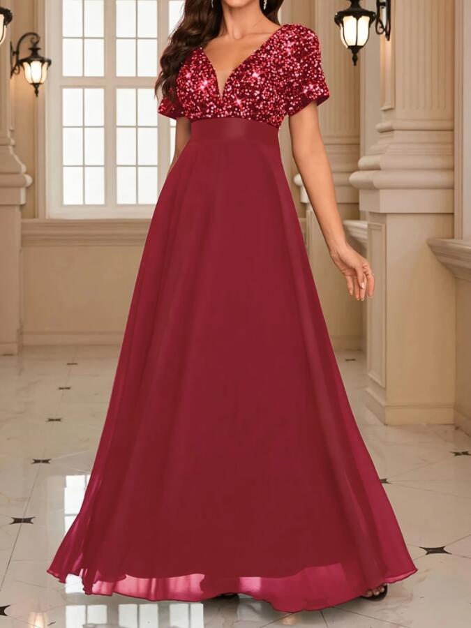 Kadın Kısa Kollu Derin V Yakalı A Kesim Pulpayet Detaylı şifon Nedime Elbisesi - 4