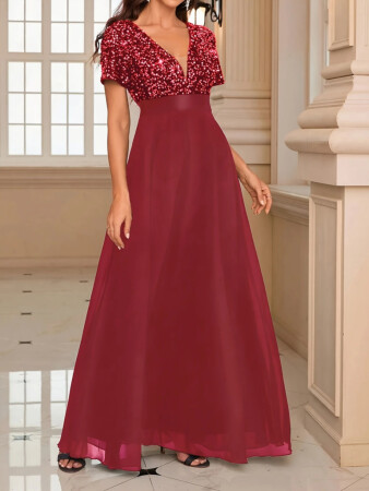 Kadın Kısa Kollu Derin V Yakalı A Kesim Pulpayet Detaylı şifon Nedime Elbisesi - 5