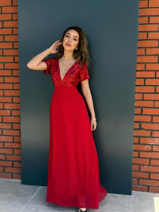 Kadın Kısa Kollu Derin V Yakalı A Kesim Pulpayet Detaylı şifon Nedime Elbisesi - 1