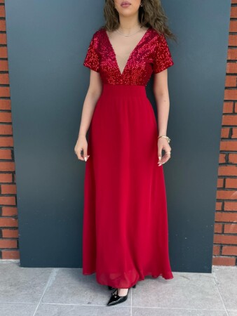 Kadın Kısa Kollu Derin V Yakalı A Kesim Pulpayet Detaylı şifon Nedime Elbisesi - 2