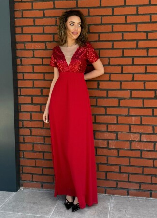 Kadın Kısa Kollu Derin V Yakalı A Kesim Pulpayet Detaylı şifon Nedime Elbisesi - 3