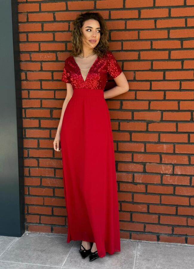 Kadın Kısa Kollu Derin V Yakalı A Kesim Pulpayet Detaylı şifon Nedime Elbisesi - 3