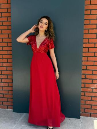 Kadın Kısa Kollu Derin V Yakalı A Kesim Pulpayet Detaylı şifon Nedime Elbisesi - 1