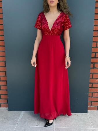 Kadın Kısa Kollu Derin V Yakalı A Kesim Pulpayet Detaylı şifon Nedime Elbisesi - 2