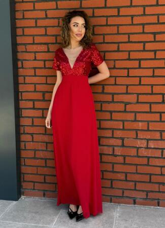 Kadın Kısa Kollu Derin V Yakalı A Kesim Pulpayet Detaylı şifon Nedime Elbisesi - 3