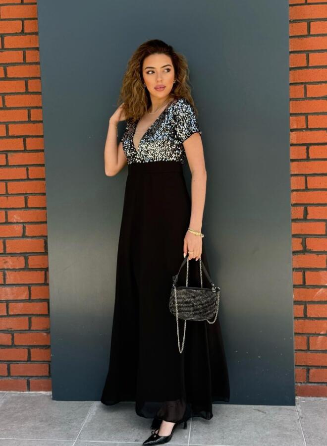 Kadın Kısa Kollu Derin V Yakalı A Kesim Pulpayet Detaylı şifon Nedime Elbisesi - 2