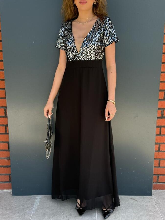 Kadın Kısa Kollu Derin V Yakalı A Kesim Pulpayet Detaylı şifon Nedime Elbisesi - 4