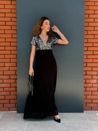 Kadın Kısa Kollu Derin V Yakalı A Kesim Pulpayet Detaylı şifon Nedime Elbisesi - ANGELINO BuyukBedeniz