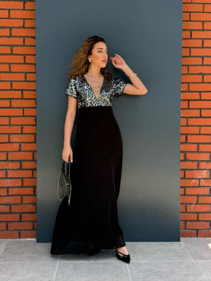 Kadın Kısa Kollu Derin V Yakalı A Kesim Pulpayet Detaylı şifon Nedime Elbisesi - 1