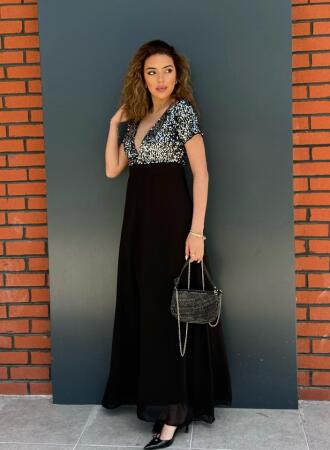 Kadın Kısa Kollu Derin V Yakalı A Kesim Pulpayet Detaylı şifon Nedime Elbisesi - ANGELINO BuyukBedeniz (1)