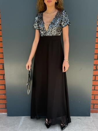 Kadın Kısa Kollu Derin V Yakalı A Kesim Pulpayet Detaylı şifon Nedime Elbisesi - 4