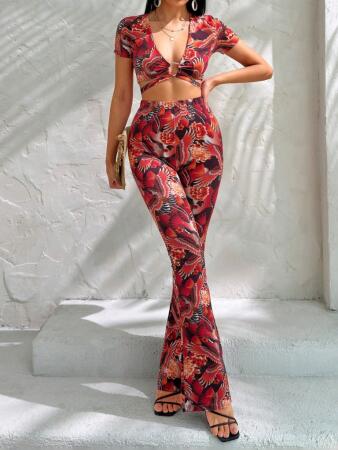 Kadın Kısa Kollu Desenli Takım - ANGELINO BuyukBedeniz