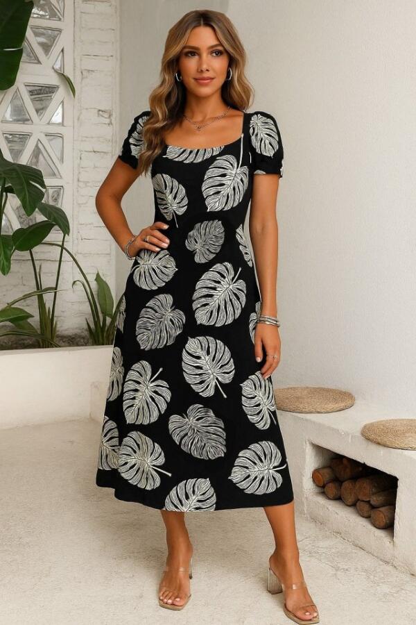 Kadın Kısa Kollu Geometrik Yaka Yırtmaçlı Puantiyeli Midi örme Krep Elbise - 1