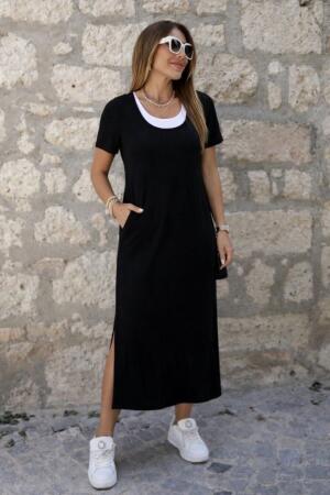 Kadın Kısa Kollu Içi Atlet Görünümlü Yandan Yırtmaçlı Uzun Viskon Elbise - 1