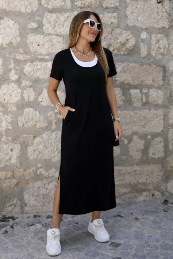 Kadın Kısa Kollu Içi Atlet Görünümlü Yandan Yırtmaçlı Uzun Viskon Elbise - 1