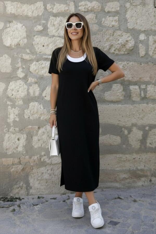 Kadın Kısa Kollu Içi Atlet Görünümlü Yandan Yırtmaçlı Uzun Viskon Elbise - 2