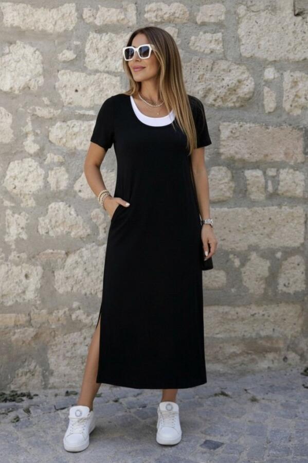 Kadın Kısa Kollu Içi Atlet Görünümlü Yandan Yırtmaçlı Uzun Viskon Elbise - 3