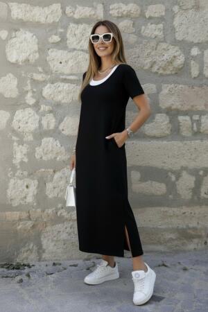 Kadın Kısa Kollu Içi Atlet Görünümlü Yandan Yırtmaçlı Uzun Viskon Elbise - 4