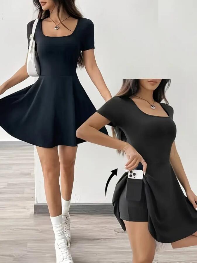 Kadın Kısa Kollu Kare Yaka Short Detaylı Cepli Dalgıç Elbise - 1