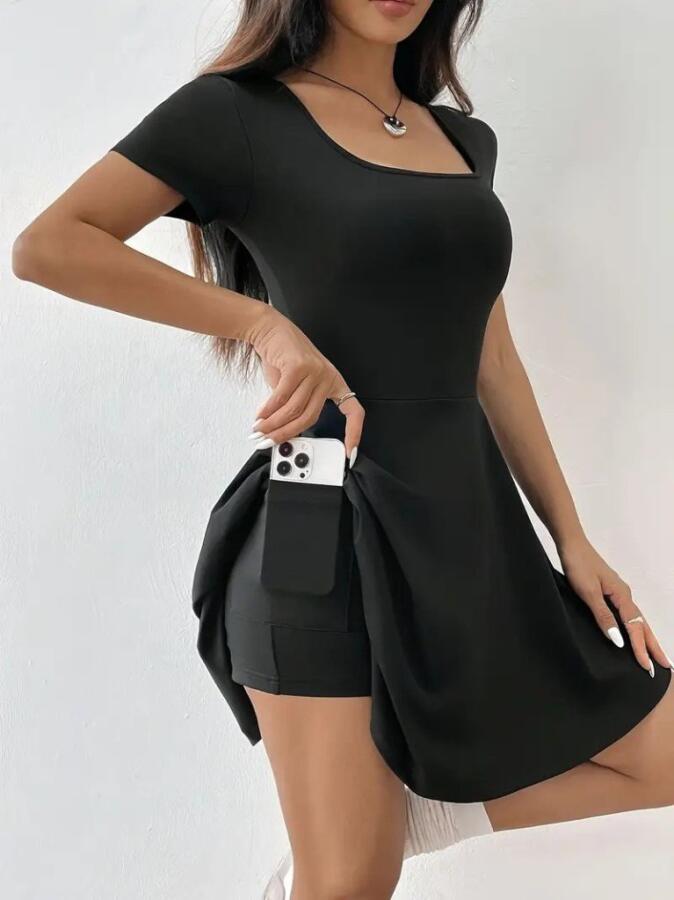 Kadın Kısa Kollu Kare Yaka Short Detaylı Cepli Dalgıç Elbise - 3