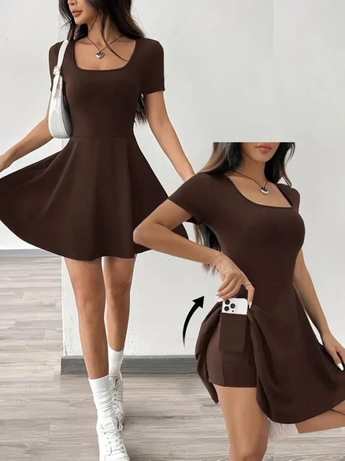 Kadın Kısa Kollu Kare Yaka Short Detaylı Cepli Dalgıç Elbise - 1